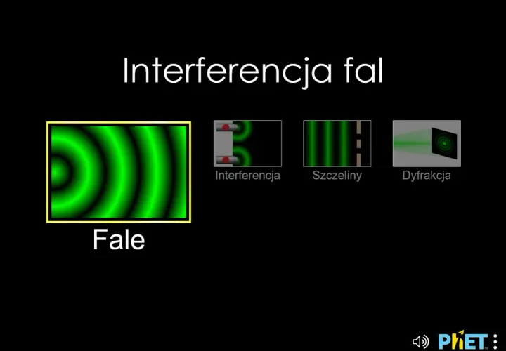 Ilustracja pokazuje zjawisko interferencji fal. Widoczne są fale okręgowe, interferencja z dwóch źródeł, fale przechodzące przez szczeliny i dyfrakcja.