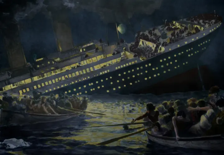 Ludzie w szalupach ratunkowych próbują ratować się z tonącego Titanica. Ta tragiczna titanic katastrofa na zawsze zapisała się w historii.