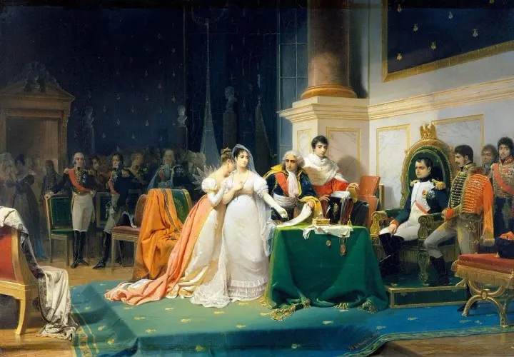 Napoleon w otoczeniu dworzan, obok niego siedzi jego pierwsza żona, Józefina, w białej sukni.