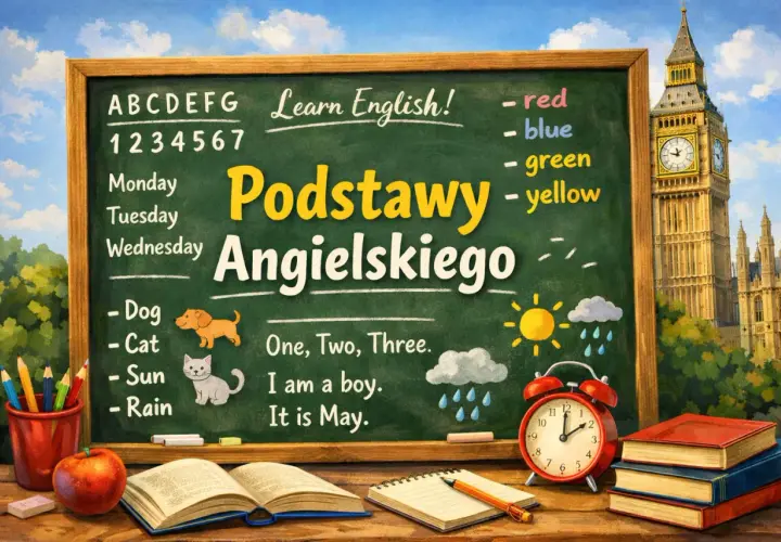 Tablica z napisem "Podstawy Angielskiego" i prostymi zwrotami, idealna do nauki.