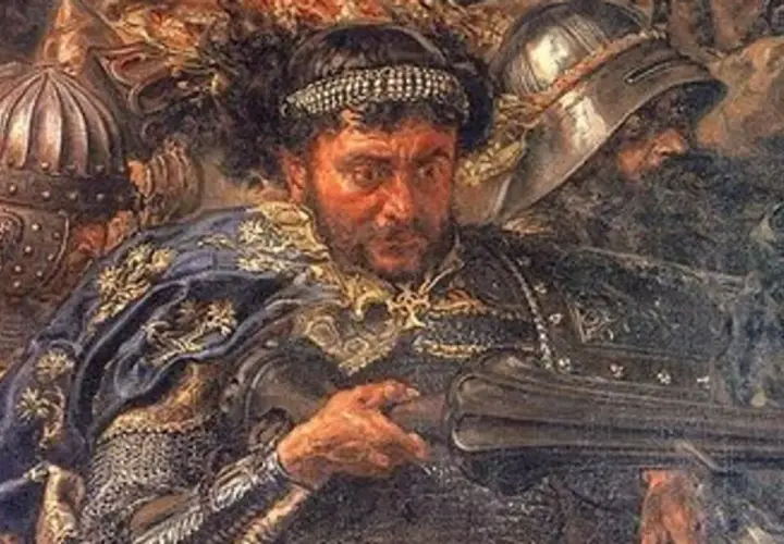 Portret rycerza w zbroi i ozdobnym płaszczu, z hełmami w tle.