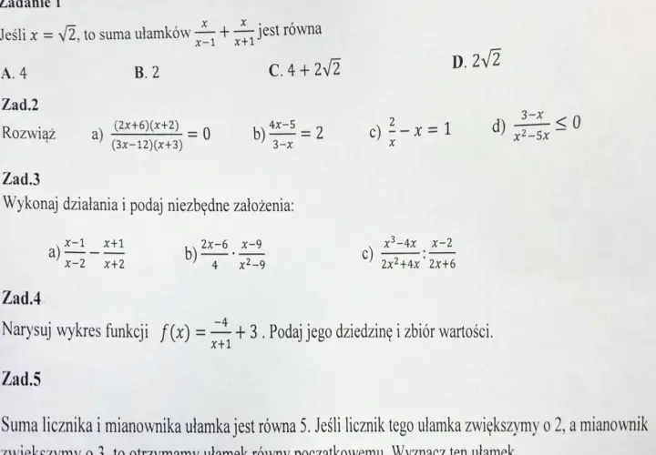 Zadania z matematyki: równania i nierówności wymierne, funkcje i ułamki.