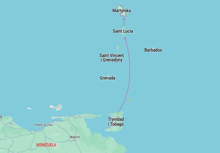 Mapa Karaibów z zaznaczoną trasą od Trynidadu i Tobago do Martyniki, gdzie mówi się językiem kreolskim.