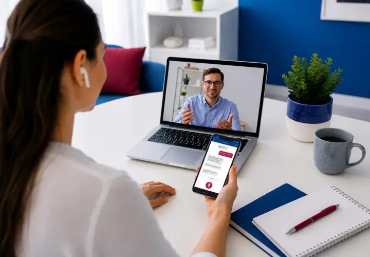 Kobieta uczestniczy w szybkim kursie angielskiego online. Na ekranie laptopa widzi nauczyciela, a na telefonie czat.