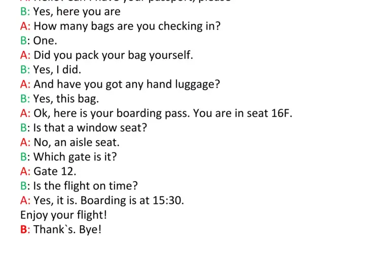 Dialog po angielsku na lotnisku. Pasażerowie pytają o paszport, bagaż, miejsce i bramkę.