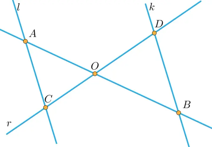 Geometryczny rysunek ilustrujący twierdzenie Talesa: przecinające się proste l, k, r, p z punktami A, C, D, B i O.