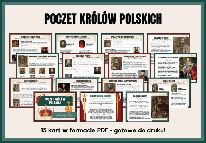Poczet królów polskich, ukazujący ilu królów miała Polska, od Piastów po Poniatowskiego. Historia władzy i zmieniającej się Polski.