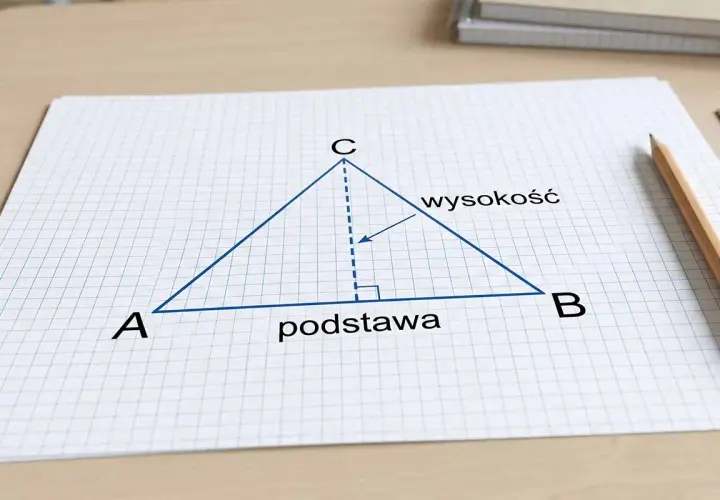 Ilustracja pokazuje, jak obliczyć boki w trójkącie równoramiennym, z zaznaczoną podstawą i wysokością.