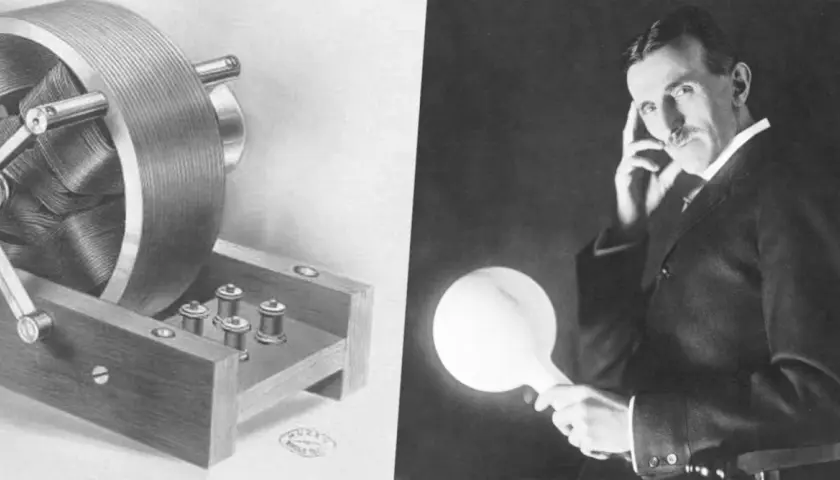 Nikola Tesla wynalazki: schemat cewki i genialny wynalazca z żarówką.