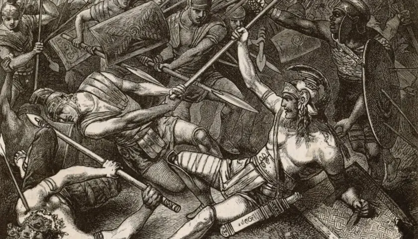 Zacięta walka gladiatorów. Spartakus i jego bohaterowie walczą o wolność, wznosząc broń przeciwko rzymskim legionistom.