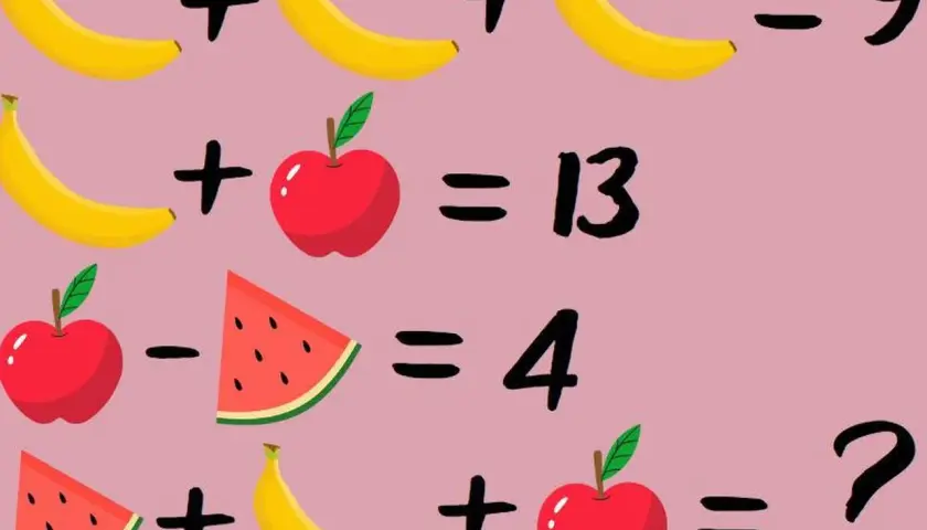 Zagadki matematyczne z bananami, jabłkami i arbuzem. Rozwiąż równania, by poznać wartość każdego owocu.