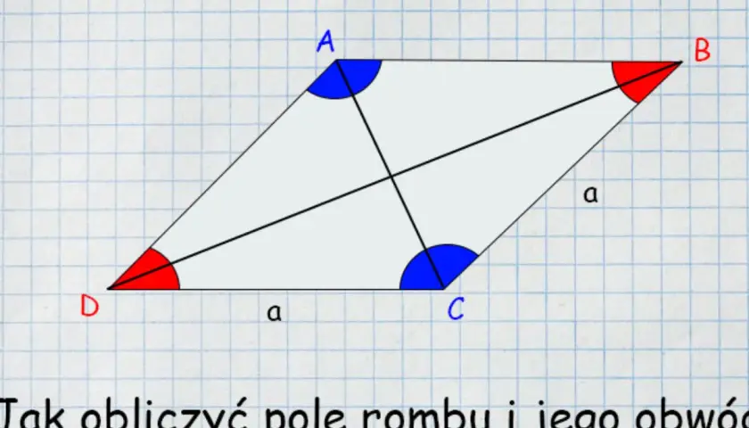 Romb ABCD z zaznaczonymi przekątnymi. Wzór na pole rombu zależy od długości przekątnych.