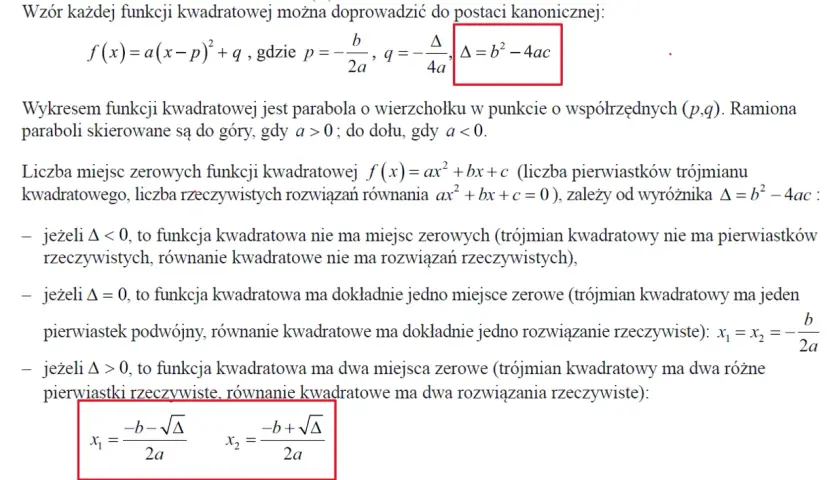 Wzór na pierwiastki równania kwadratowego x₁ i x₂ przy dodatnim wyróżniku Δ.