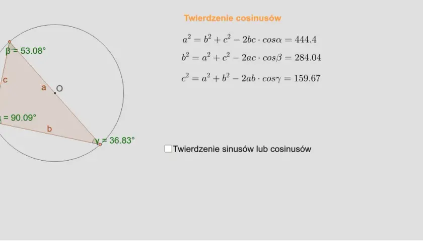 Trójkąt z kątami α=90.09°, β=53.08°, γ=36.83° i bokami a, b, c. Obok wzory twierdzenia cosinusów, ilustrujące twierdzenie sinusów i cosinusów zadania.