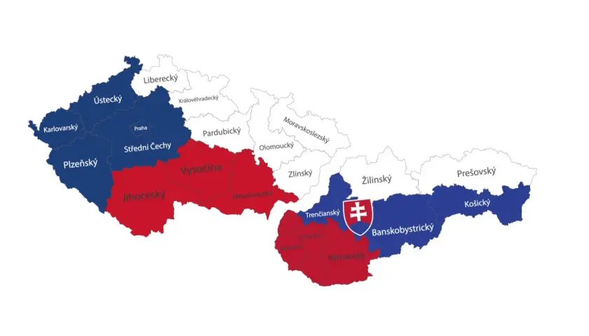 Mapa Czech i Słowacji, pokazująca podział na regiony, gdy rozpadła się Czechosłowacja. Kolory oznaczają podział.
