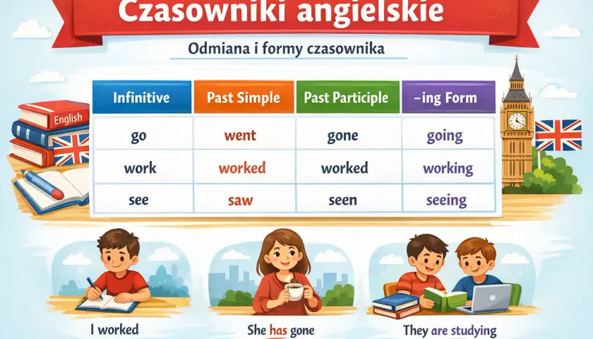 Tabela przedstawia odmianę czasowników ang. z przykładami: "I worked", "She has gone", "They are studying".