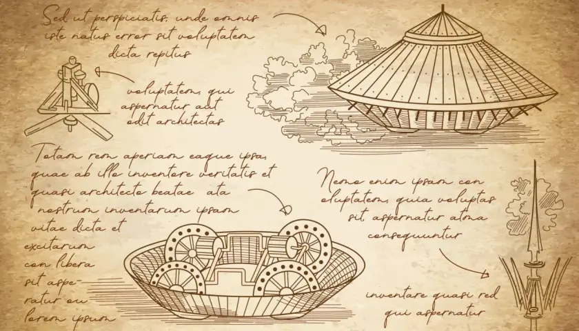 Szkice **wynalazków Leonarda da Vinci**: latający pojazd, machina oblężnicza i wóz bojowy.