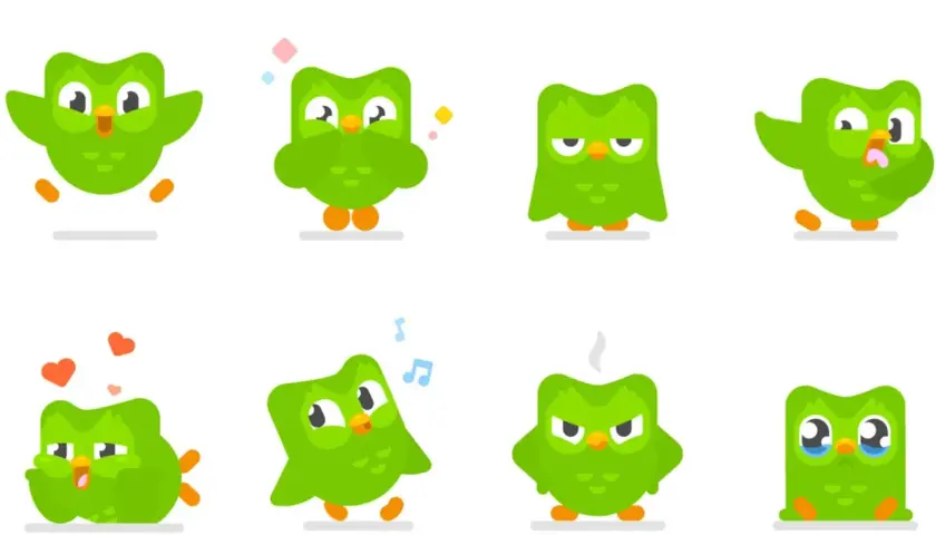 Zielona sowa Duo wyraża różne emocje: radość, smutek, złość. Czy na Duolingo można uczyć się dwóch języków? Tak, Duo pokazuje, że nauka to przygoda!