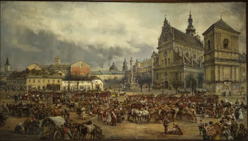 Targowisko w historycznym centrum miasta, gdzie widać ludzi, wozy i stragany. Czy to lwów polski czy ukraiński?