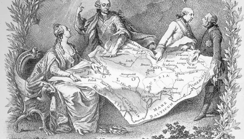 Trzej władcy dzielą mapę Polski, symbolizując pierwszy rozbiór Polski. Data wydarzenia to 1772.