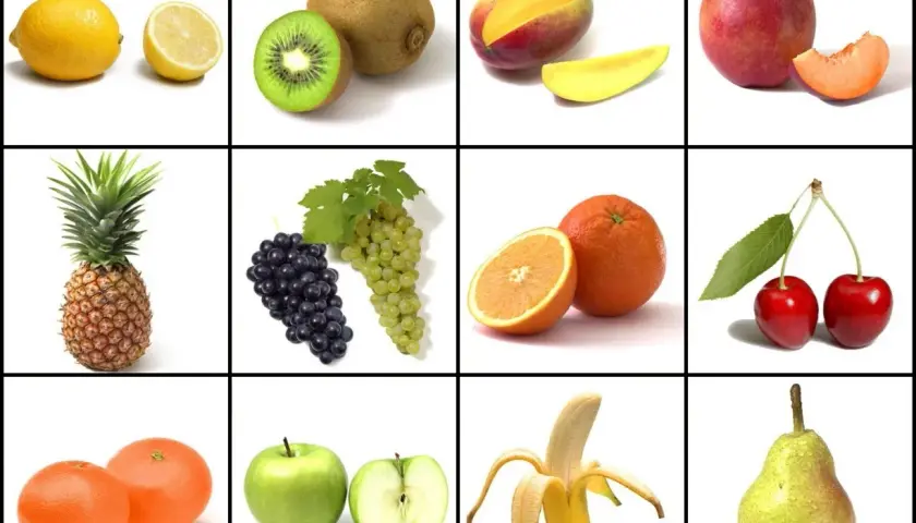 Kolorowe owoce po hiszpańsku: cytryny, kiwi, mango, nektarynka, ananas, winogrona, pomarańcze, wiśnie, grejpfruty, jabłka, banan, gruszka.