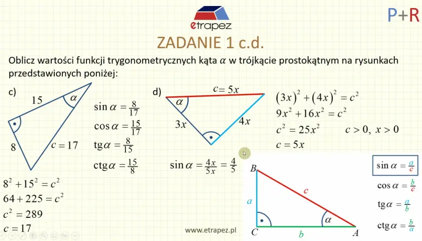 Zadanie 1 c.d. pokazuje obliczenia sinus, cosinus, tangens i cotangens dla kąta α w trójkątach prostokątnych.