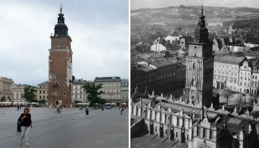 Wieża Ratuszowa na Rynku Głównym w Krakowie, porównanie współczesności i przeszłości. Ile lat ma Kraków? Tysiąc!