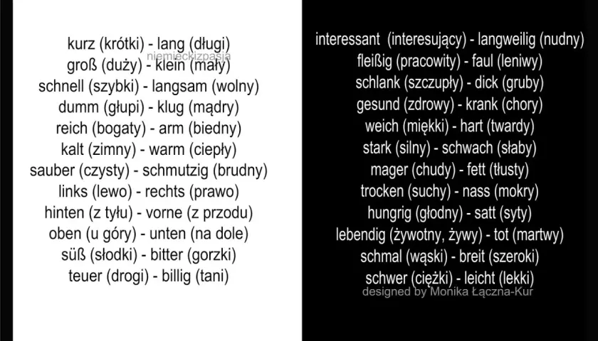 Lista trudnych słów po niemiecku z tłumaczeniem na polski, np. "kurz" (krótki) i "lang" (długi).