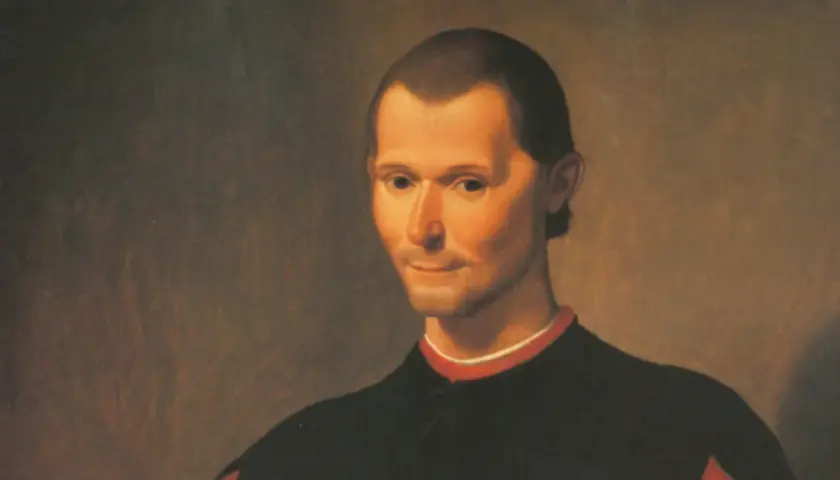 Portret Niccolò Machiavellego, którego spojrzenie sugeruje głębokie przemyślenia nad naturą władzy i ludzkimi słabościami. Jego poglądy kształtowały epokę.
