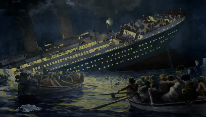 Ludzie w szalupach ratunkowych próbują ratować się z tonącego Titanica. Ta tragiczna titanic katastrofa na zawsze zapisała się w historii.
