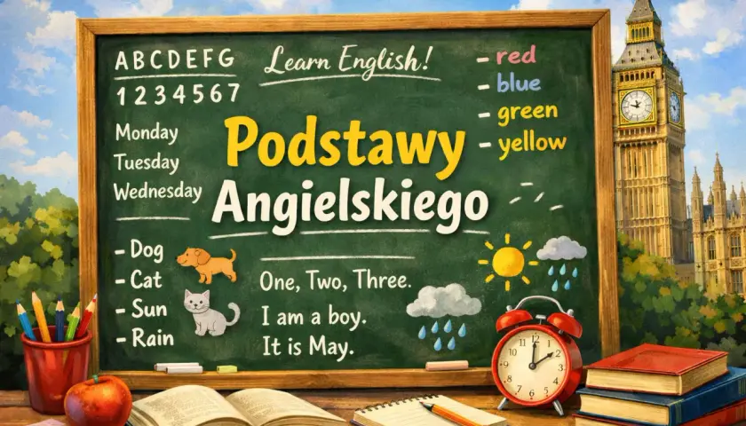 Tablica z napisem "Podstawy Angielskiego" i prostymi zwrotami, idealna do nauki.