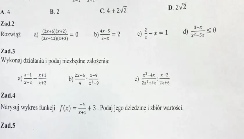 Zadania z matematyki: równania i nierówności wymierne, funkcje i ułamki.