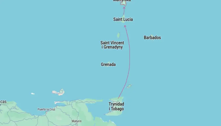 Mapa Karaibów z zaznaczoną trasą od Trynidadu i Tobago do Martyniki, gdzie mówi się językiem kreolskim.
