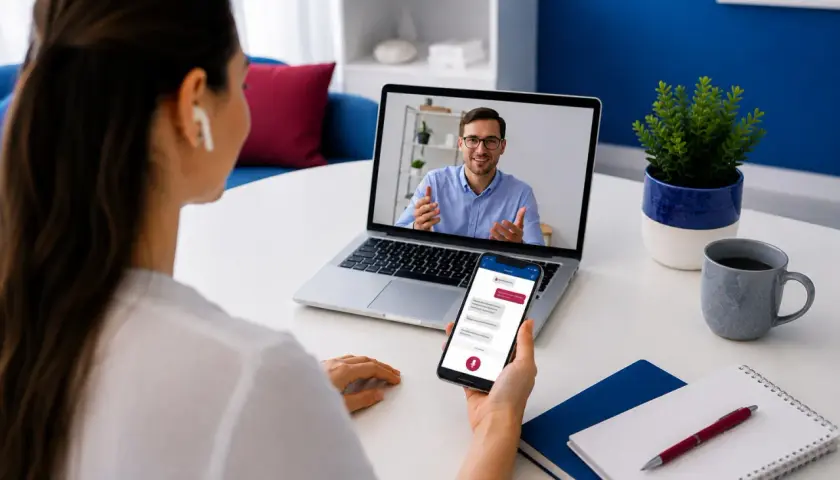 Kobieta uczestniczy w szybkim kursie angielskiego online. Na ekranie laptopa widzi nauczyciela, a na telefonie czat.