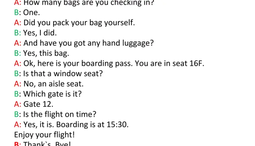 Dialog po angielsku na lotnisku. Pasażerowie pytają o paszport, bagaż, miejsce i bramkę.