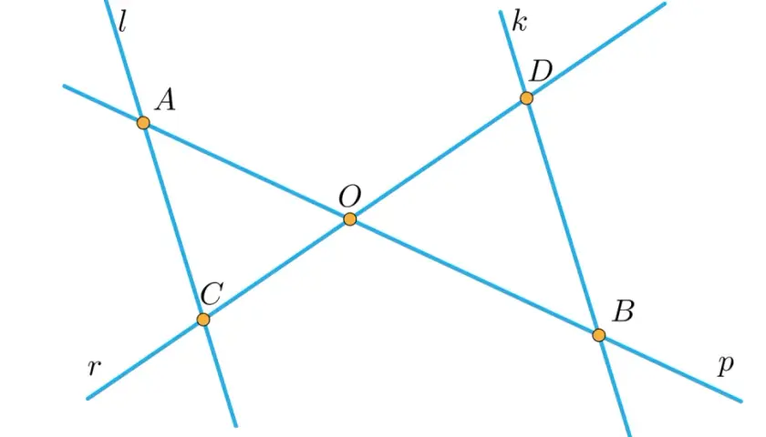 Geometryczny rysunek ilustrujący twierdzenie Talesa: przecinające się proste l, k, r, p z punktami A, C, D, B i O.