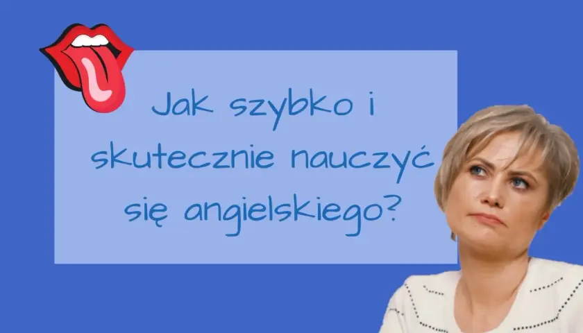 Kobieta zastanawia się, jak skorzystać z darmowych lekcji angielskiego. Usta z językiem sugerują chęć mówienia.
