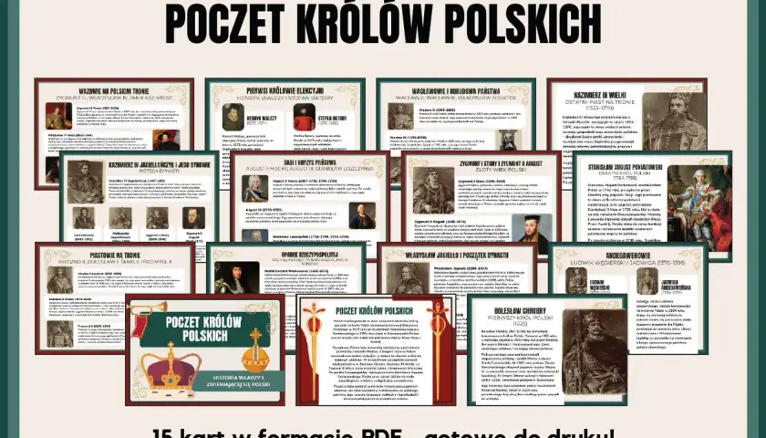 Poczet królów polskich, ukazujący ilu królów miała Polska, od Piastów po Poniatowskiego. Historia władzy i zmieniającej się Polski.