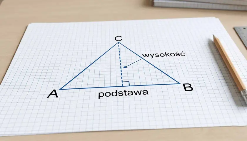 Ilustracja pokazuje, jak obliczyć boki w trójkącie równoramiennym, z zaznaczoną podstawą i wysokością.