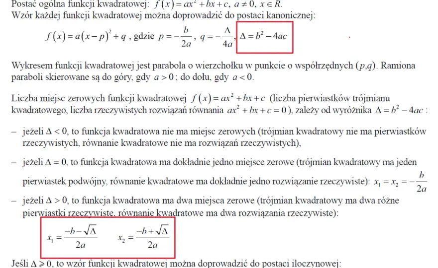 Wzór na x₁ i x₂ - delta i pierwiastki równania kwadratowego