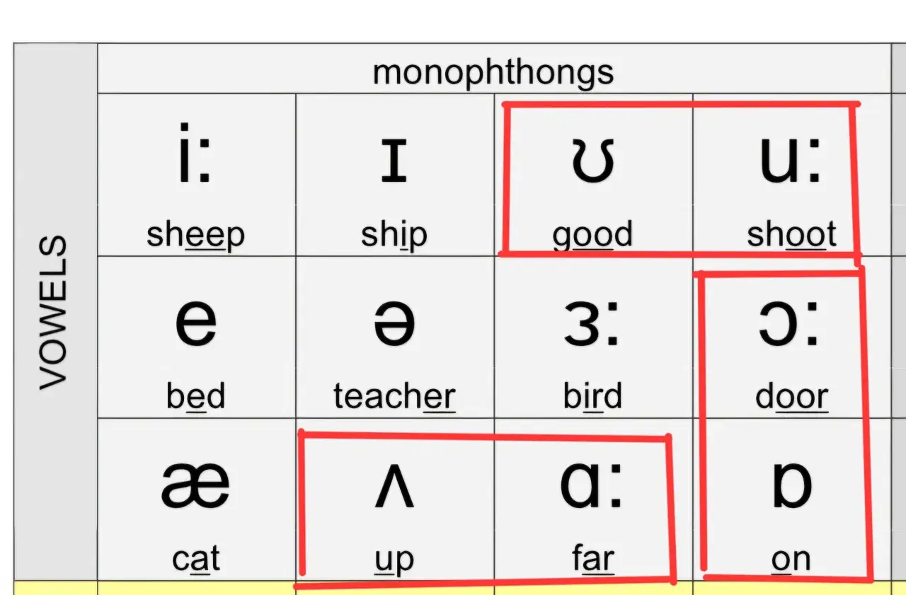 Tabela z samogłoskami i ich wymową po angielsku. Pokazuje symbole fonetyczne dla dźwięków, np. "i:" jak w "sheep".