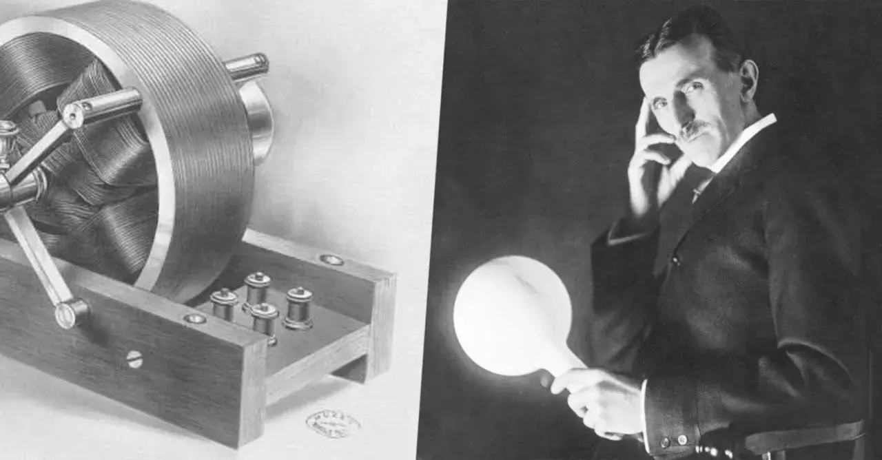 Nikola Tesla wynalazki: schemat cewki i genialny wynalazca z żarówką.