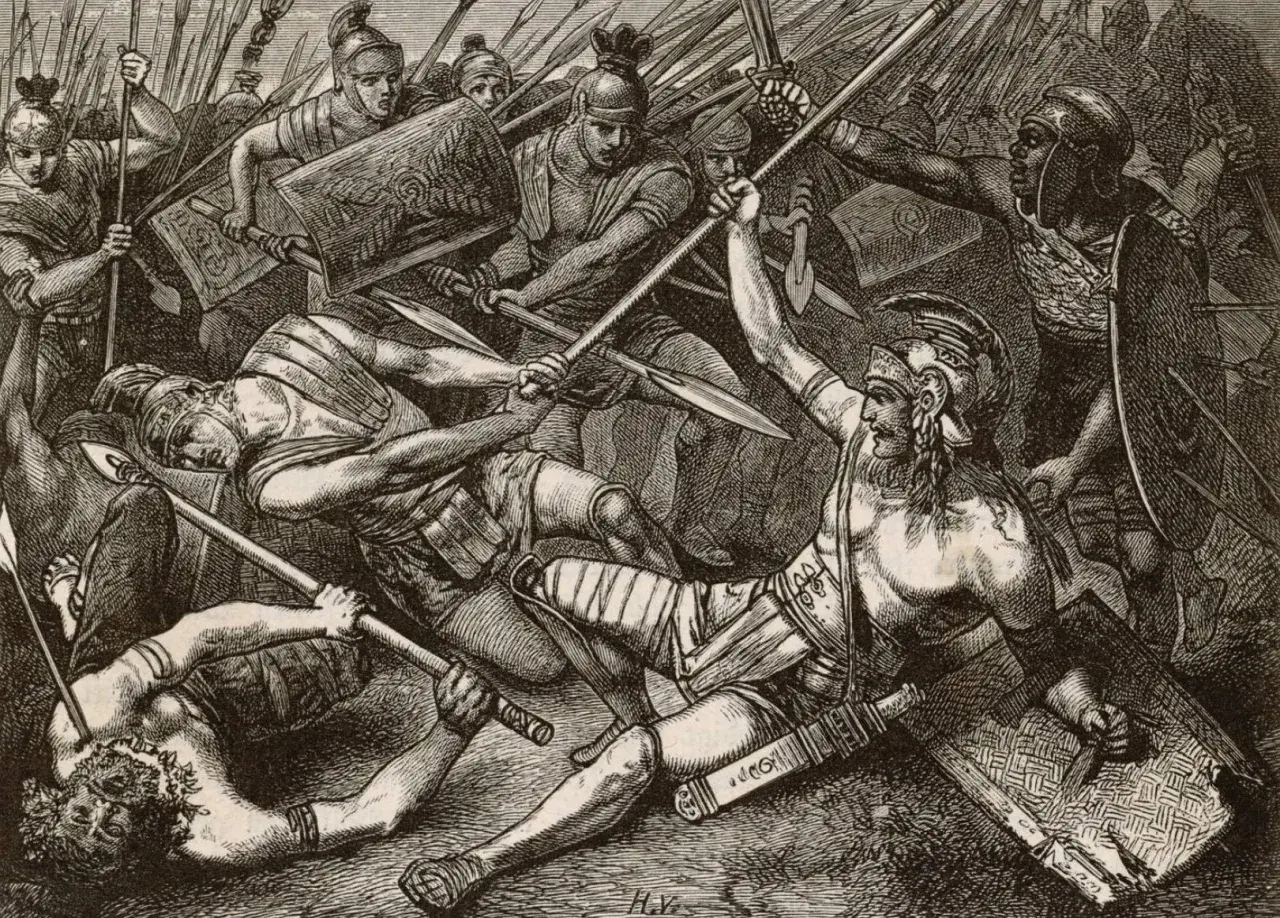 Zacięta walka gladiatorów. Spartakus i jego bohaterowie walczą o wolność, wznosząc broń przeciwko rzymskim legionistom.