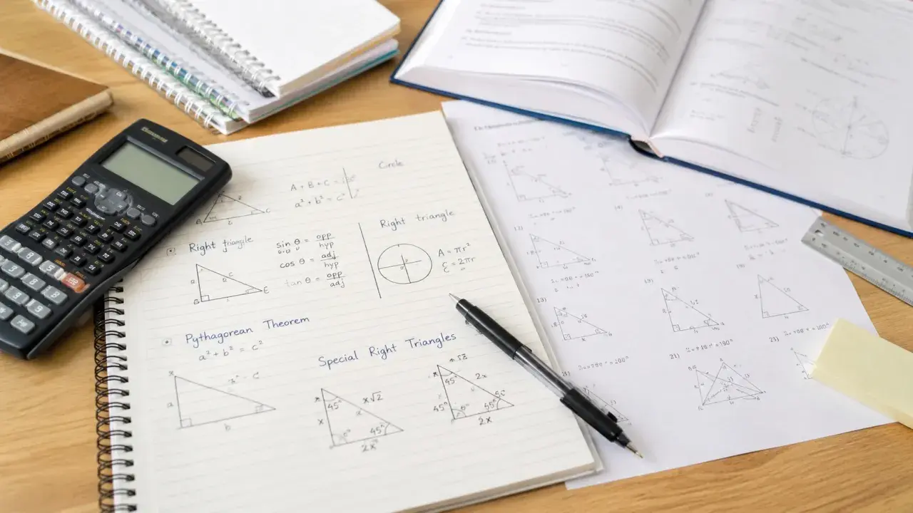 Przygotowania do **matematyki rozszerzonej 2026**: notatki o trójkątach prostokątnych, twierdzenie Pitagorasa, kalkulator i zeszyty.