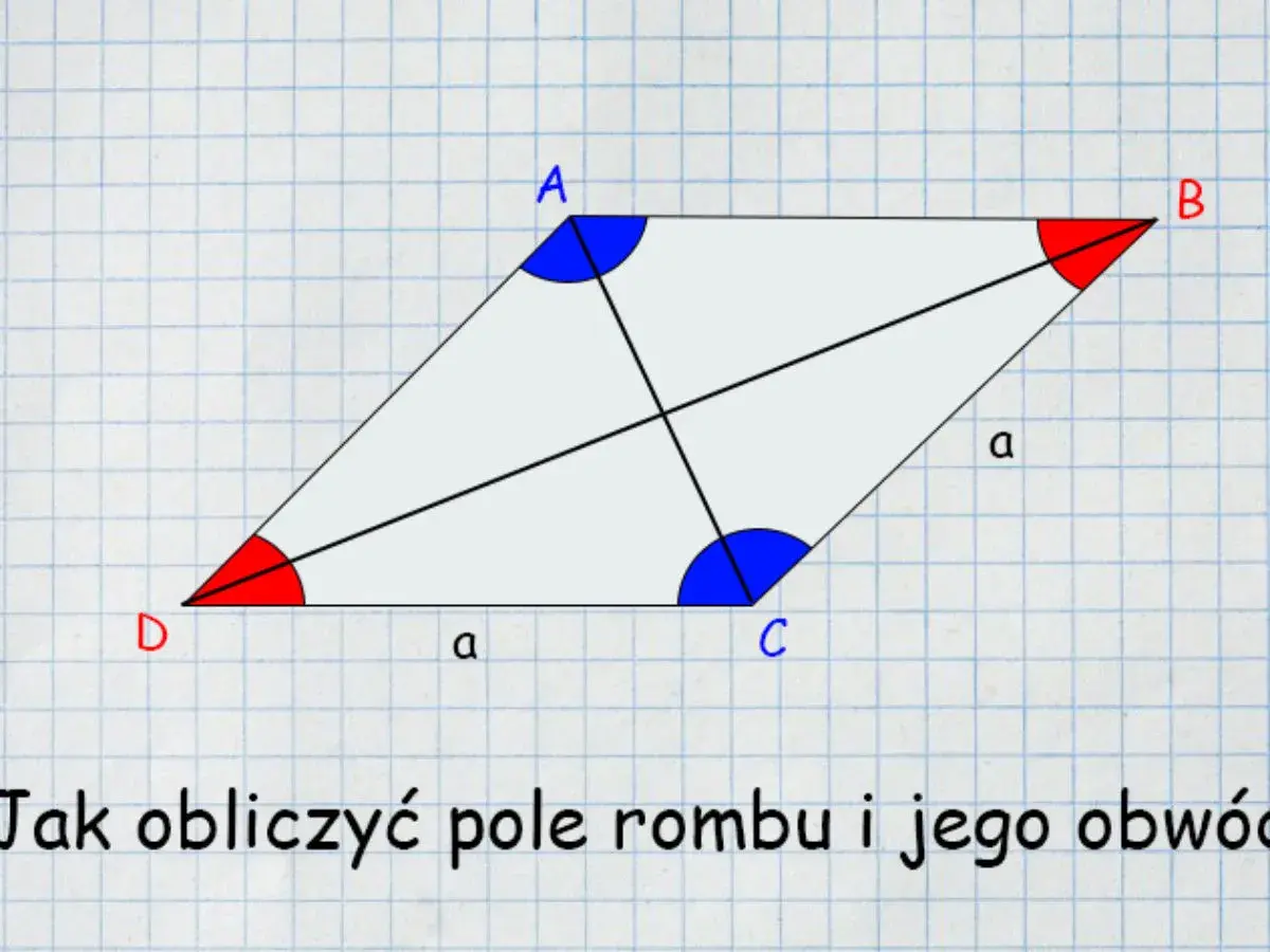 Romb ABCD z zaznaczonymi przekątnymi. Wzór na pole rombu zależy od długości przekątnych.