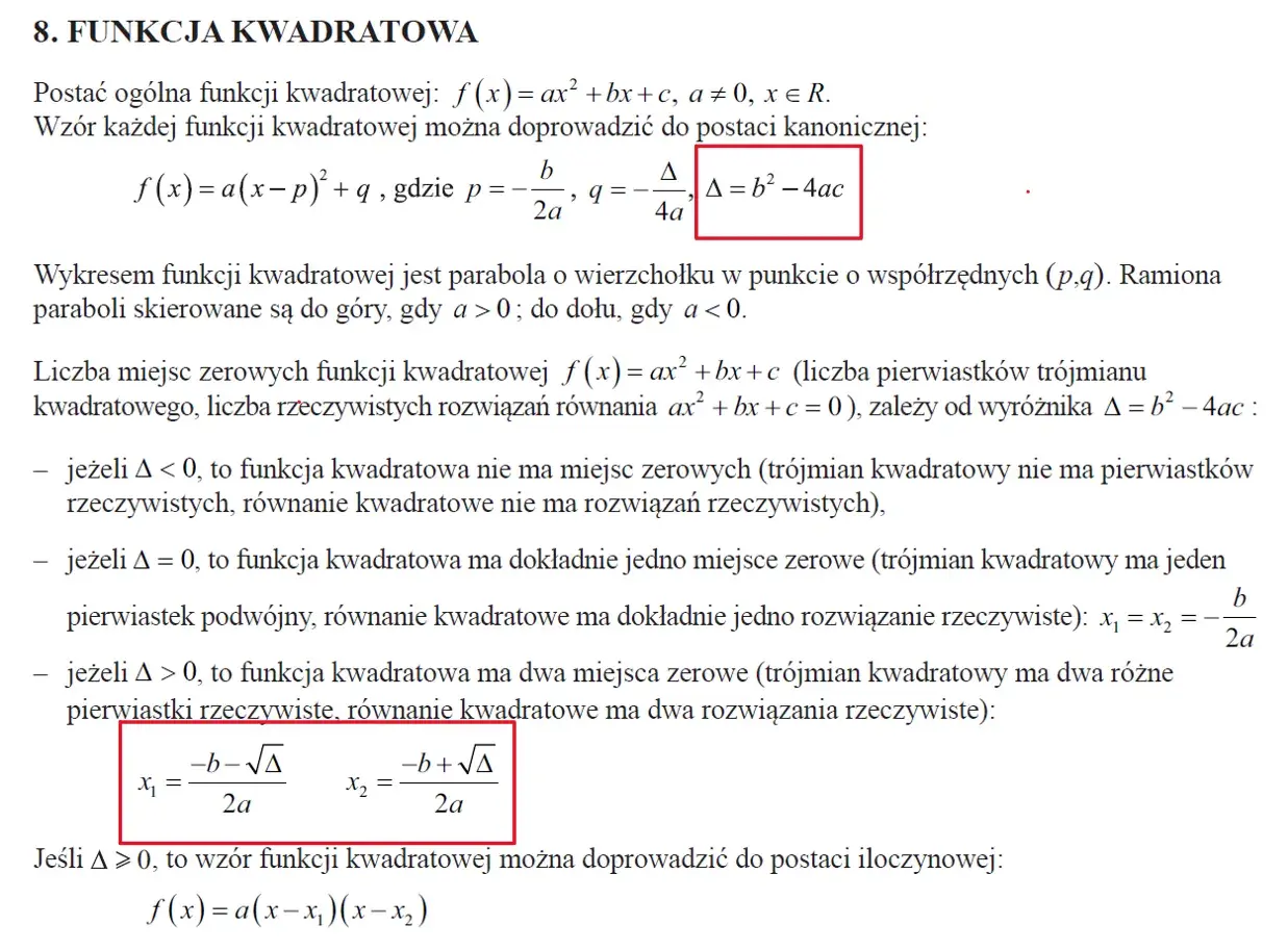 Wzór na pierwiastki równania kwadratowego x₁ i x₂ przy dodatnim wyróżniku Δ.