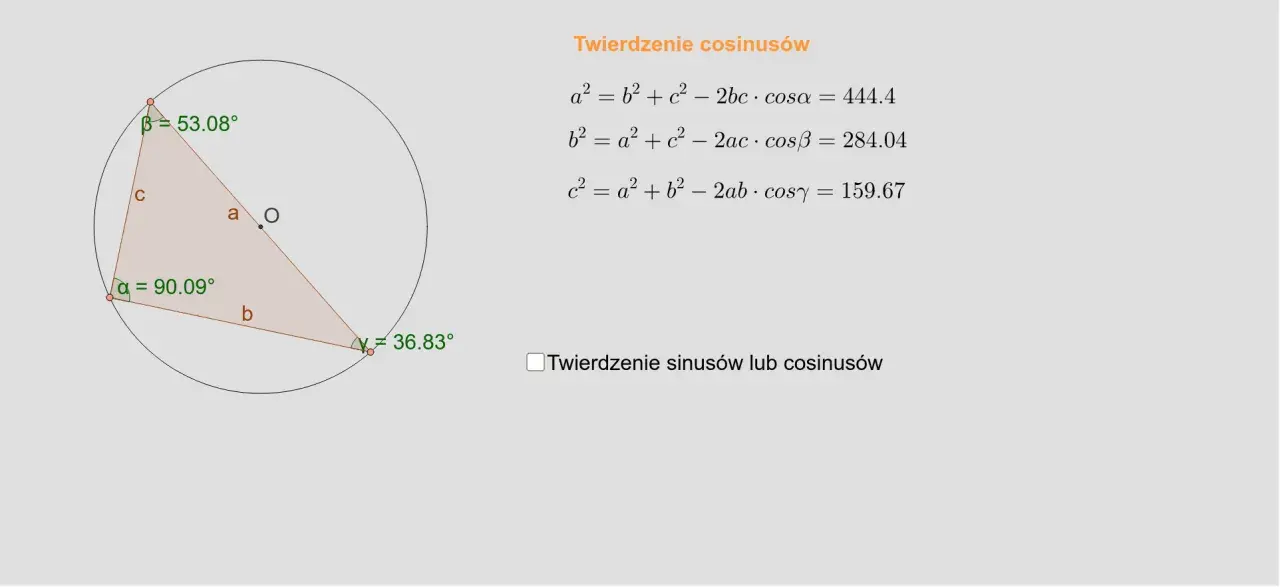 Trójkąt z kątami α=90.09°, β=53.08°, γ=36.83° i bokami a, b, c. Obok wzory twierdzenia cosinusów, ilustrujące twierdzenie sinusów i cosinusów zadania.