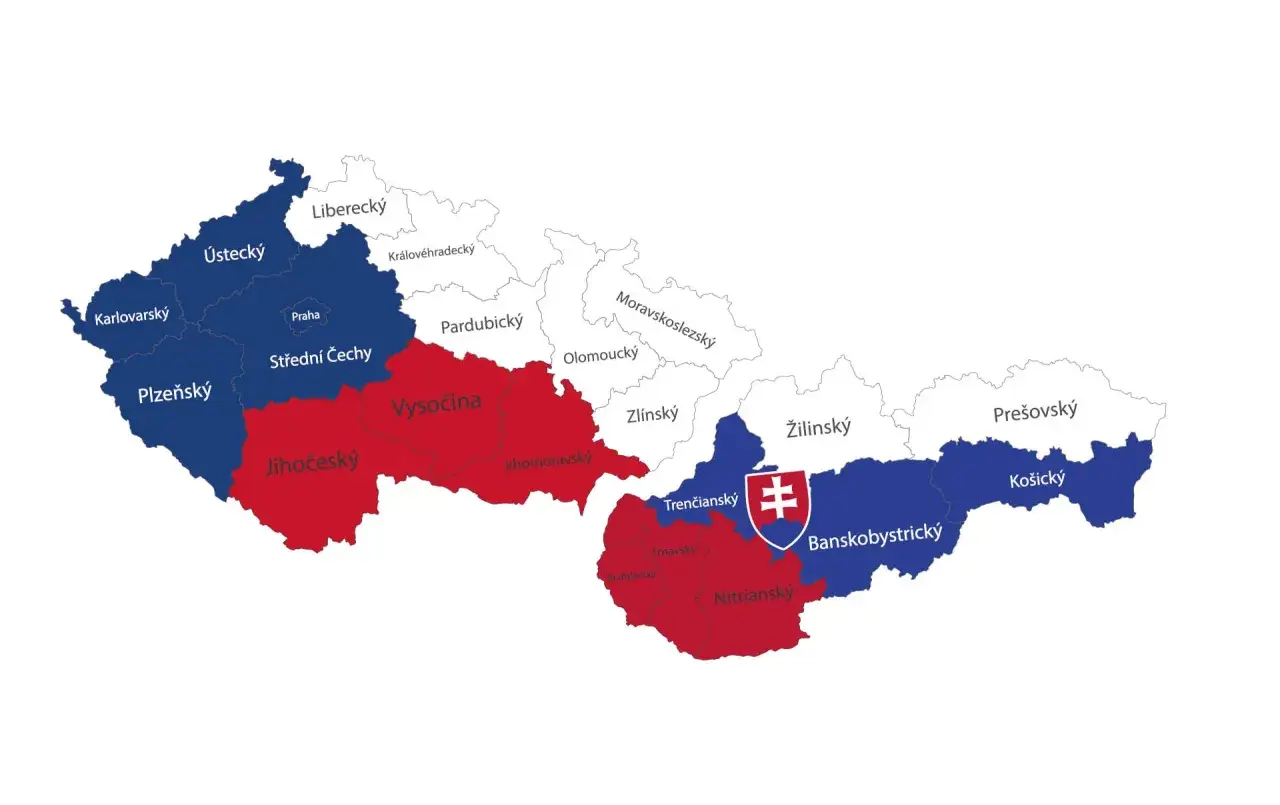 Mapa Czech i Słowacji, pokazująca podział na regiony, gdy rozpadła się Czechosłowacja. Kolory oznaczają podział.