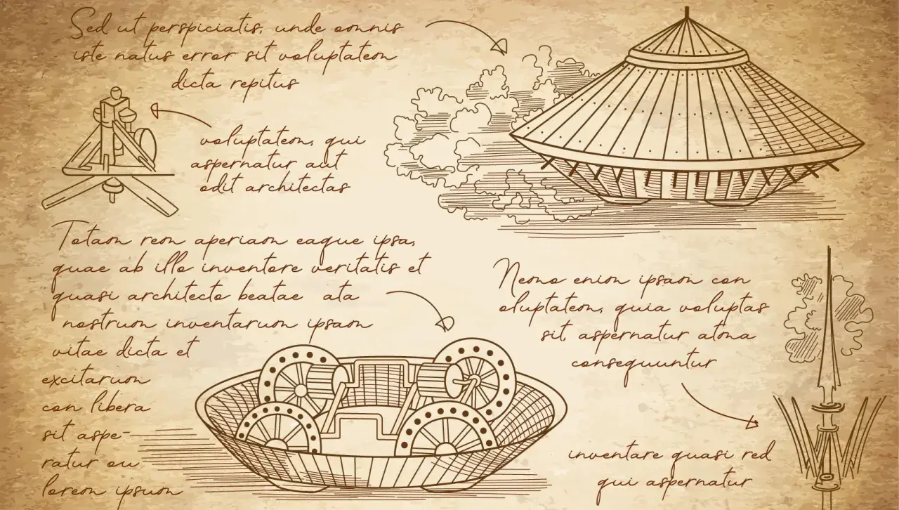 Szkice **wynalazków Leonarda da Vinci**: latający pojazd, machina oblężnicza i wóz bojowy.