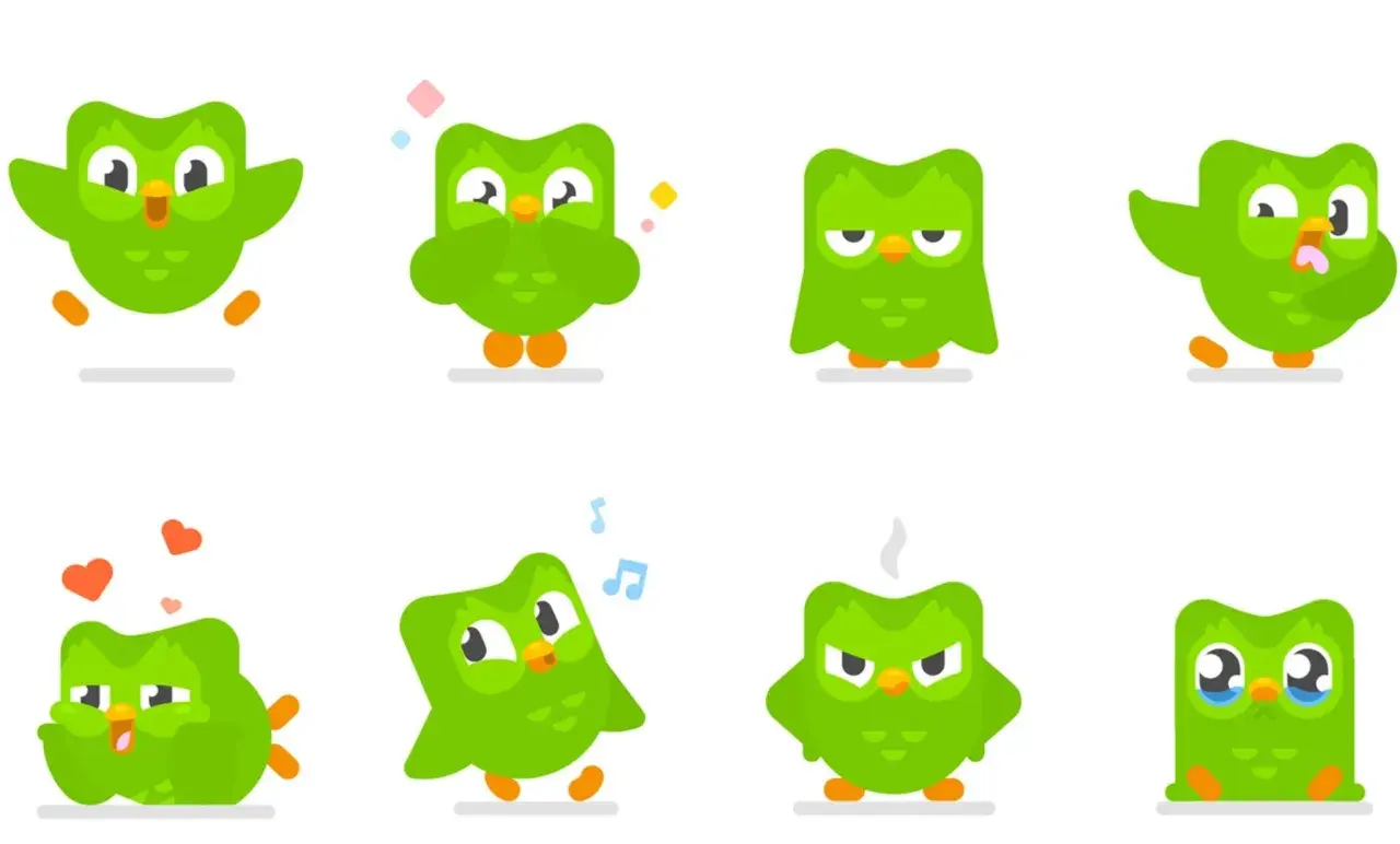 Zielona sowa Duo wyraża różne emocje: radość, smutek, złość. Czy na Duolingo można uczyć się dwóch języków? Tak, Duo pokazuje, że nauka to przygoda!